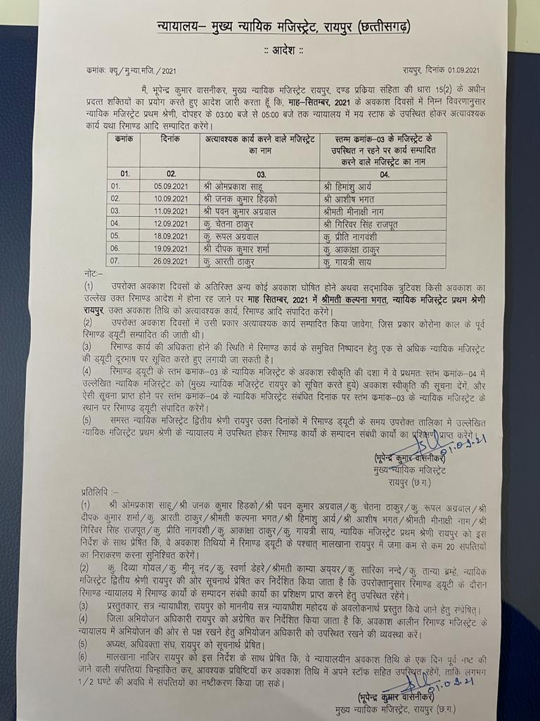 RAIPUR  : सितम्बर माह में अत्यावश्यक और रिमांड कार्य करने वाले न्यायिक मजिस्ट्रटों की सूची जारी